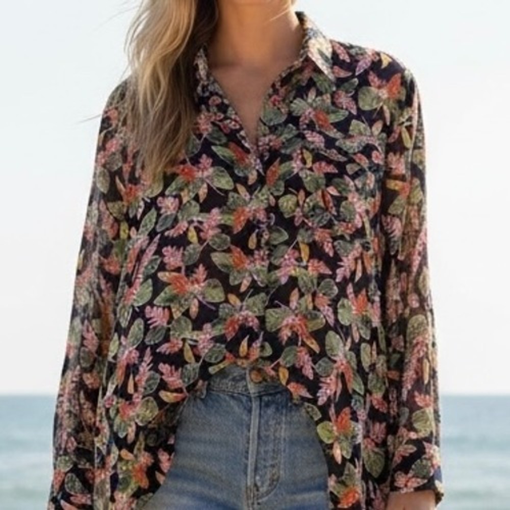 Aila Blue Tropical Floral Oversized Shirt Navy Sz S-XL High-Low Resort Summer